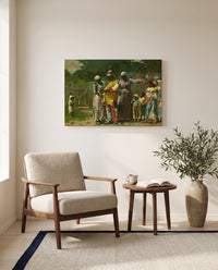 Dressing for the Carnival by Winslow Homer as a stretched canvas above a linen lounge chair in a reading corner