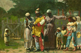 Dressing for the Carnival by Winslow Homer: two women sew a bright yellow and red costume onto a man while children watch