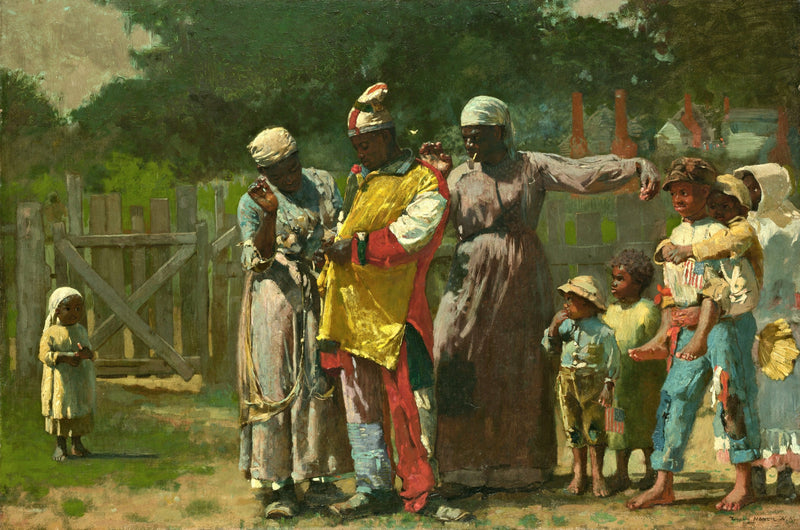 Dressing for the Carnival by Winslow Homer: two women sew a bright yellow and red costume onto a man while children watch