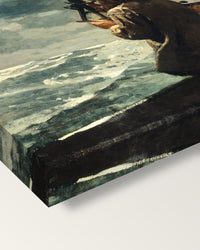 Eight Bells by Winslow Homer on stretched canvas, corner close-up: the painting mirror-wrapped round the sides