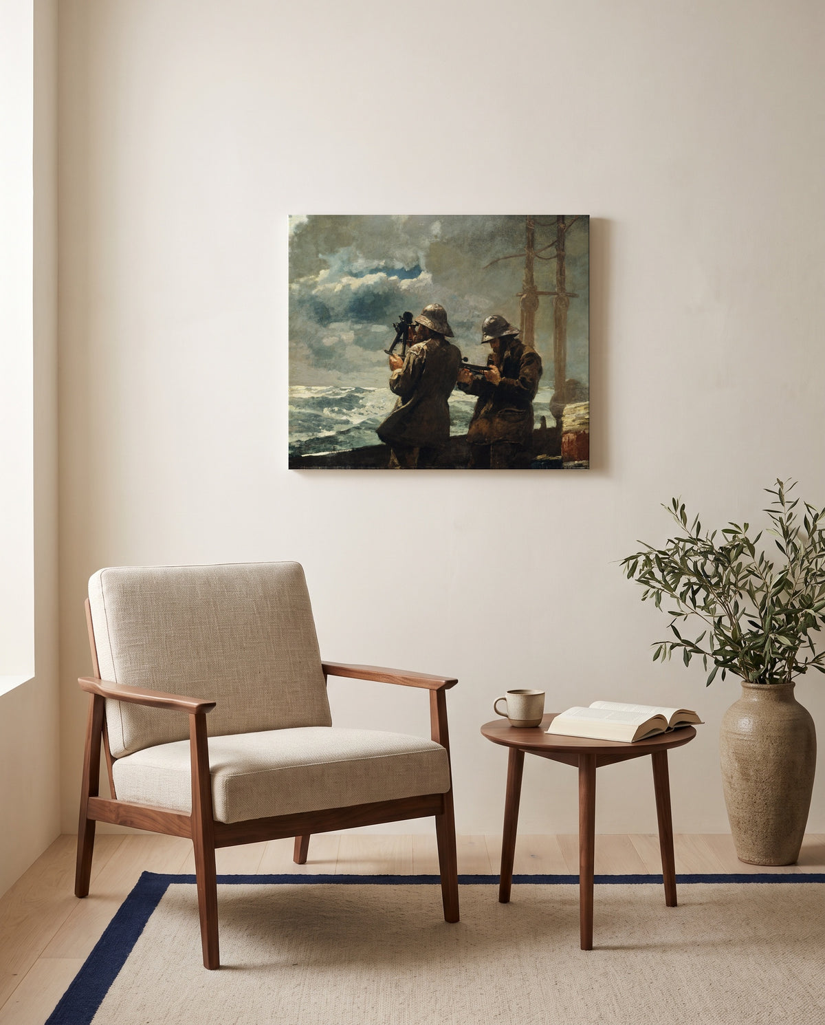 Eight Bells by Winslow Homer as a stretched canvas above a linen lounge chair in a reading corner