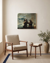Eight Bells by Winslow Homer as a stretched canvas above a linen lounge chair in a reading corner