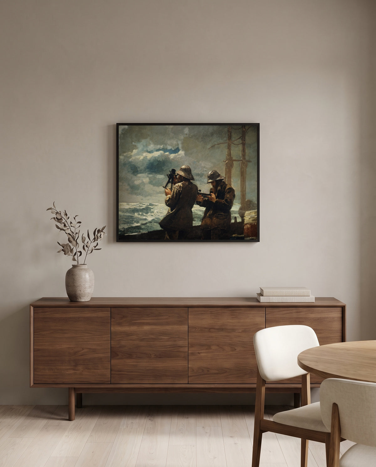 Eight Bells by Winslow Homer in a black frame above a walnut sideboard in a dining room