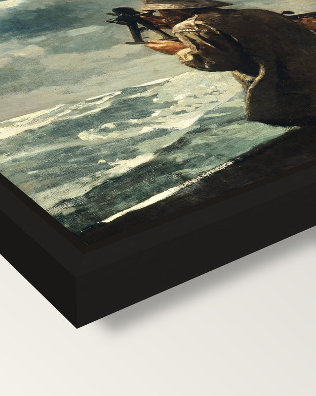 Eight Bells by Winslow Homer framed canvas, corner close-up: a black floating frame with a shadow gap round the canvas
