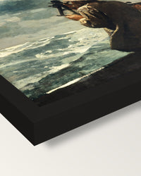 Eight Bells by Winslow Homer framed print, corner close-up: black moulding, mitred, the print set just below its edge