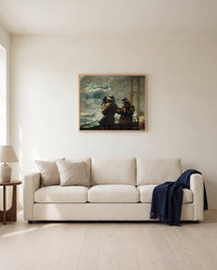 Eight Bells by Winslow Homer framed in natural oak above a cream sofa in a warm living room