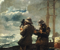 Eight Bells by Winslow Homer: two sailors in oilskins on deck, one sighting the sun with an octant, a rough green sea
