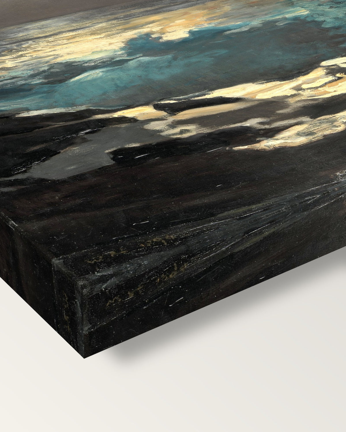 Moonlight, Wood Island Light by Homer on stretched canvas, corner close-up: the painting mirror-wrapped round the sides