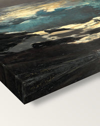 Moonlight, Wood Island Light by Homer on stretched canvas, corner close-up: the painting mirror-wrapped round the sides
