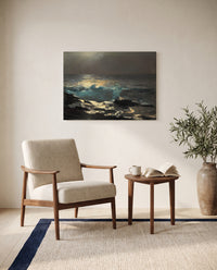 Moonlight, Wood Island Light by Winslow Homer as a stretched canvas above a linen lounge chair in a reading corner