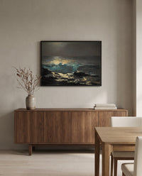 Moonlight, Wood Island Light by Winslow Homer in a black frame above a walnut sideboard in a dining room