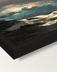 Moonlight, Wood Island Light framed canvas, corner close-up: a black floating frame with a shadow gap round the canvas