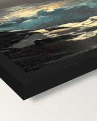 Moonlight, Wood Island Light framed print, corner close-up: black moulding, mitred, the print set just below its edge
