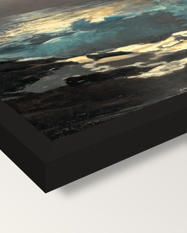 Moonlight, Wood Island Light framed print, corner close-up: black moulding, mitred, the print set just below its edge