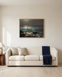 Moonlight, Wood Island Light by Winslow Homer framed in natural oak above a cream sofa in a warm living room