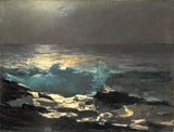 Moonlight, Wood Island Light by Winslow Homer: moonlight on dark waves and wet rocks, a tiny red lighthouse light far off