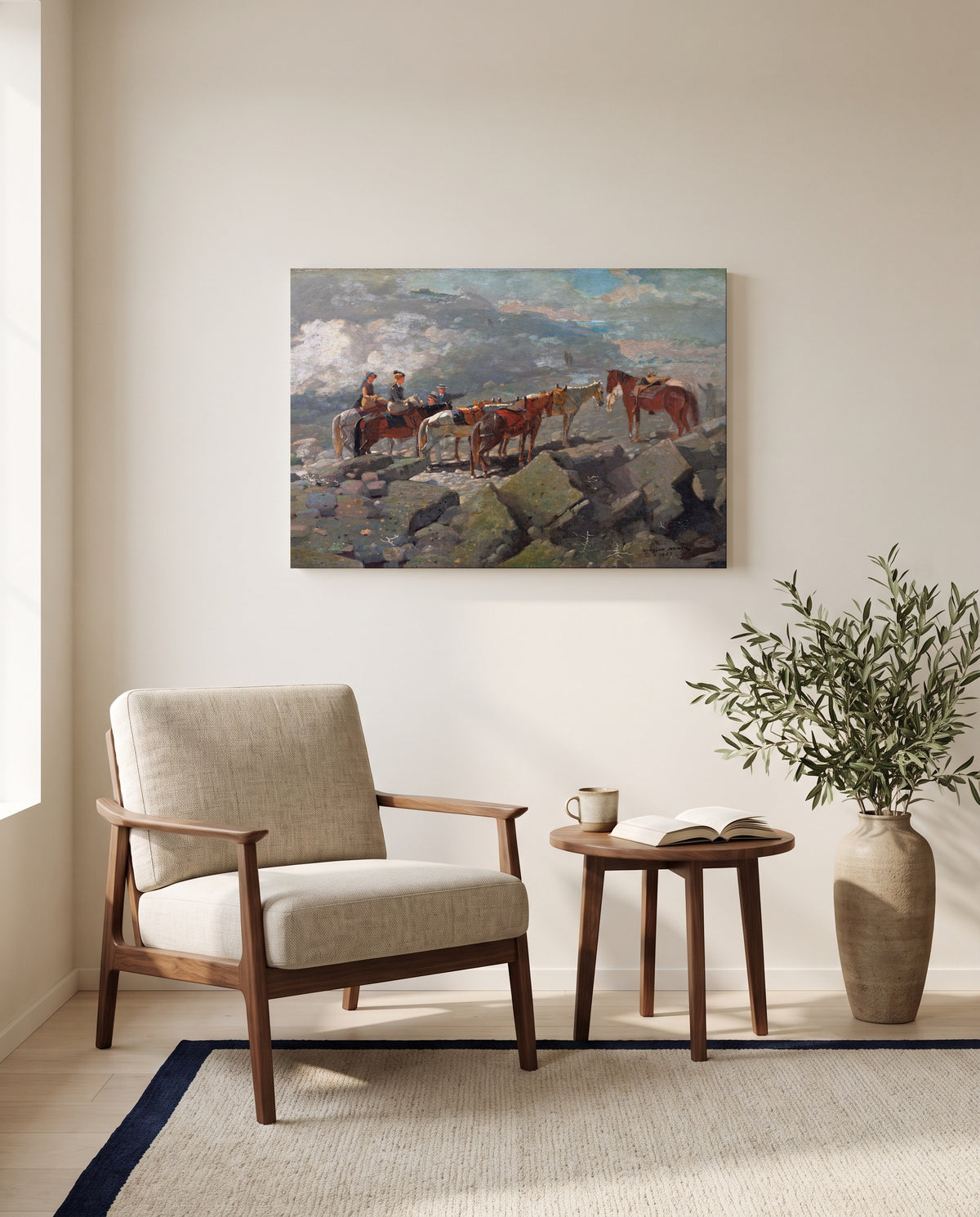 Mount Washington by Winslow Homer as a stretched canvas above a linen lounge chair in a reading corner