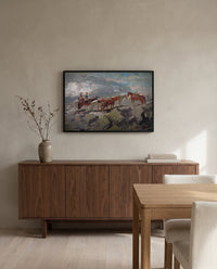 Mount Washington by Winslow Homer in a black frame above a walnut sideboard in a dining room