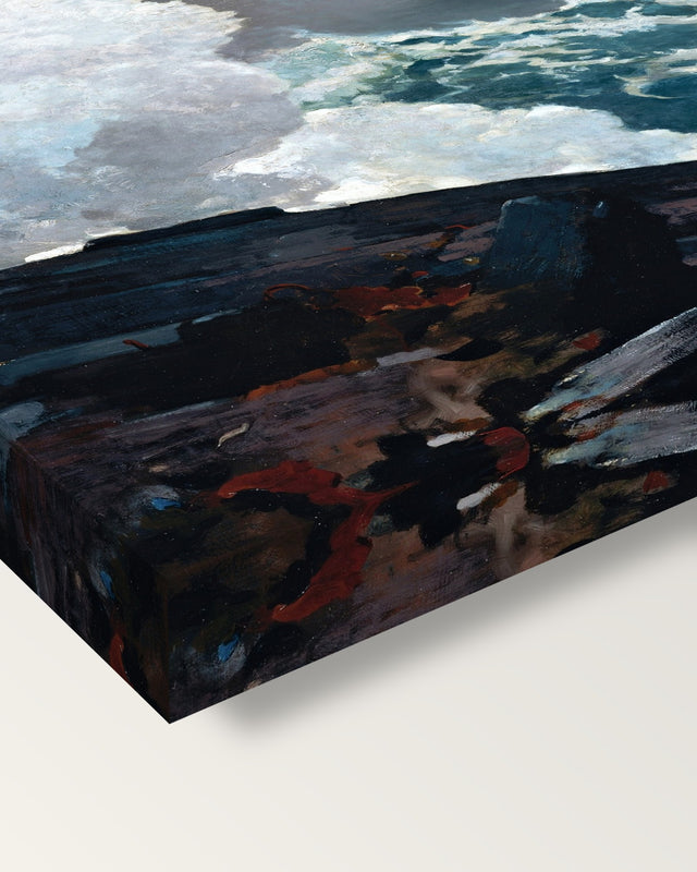 Northeaster by Winslow Homer on stretched canvas, corner close-up: the painting mirror-wrapped round the sides