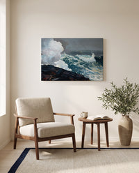 Northeaster by Winslow Homer as a stretched canvas above a linen lounge chair in a reading corner