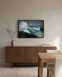 Northeaster by Winslow Homer in a black frame above a walnut sideboard in a dining room