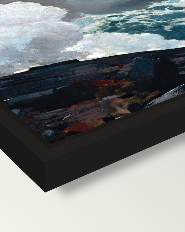 Northeaster by Winslow Homer framed canvas, corner close-up: a black floating frame with a shadow gap round the canvas