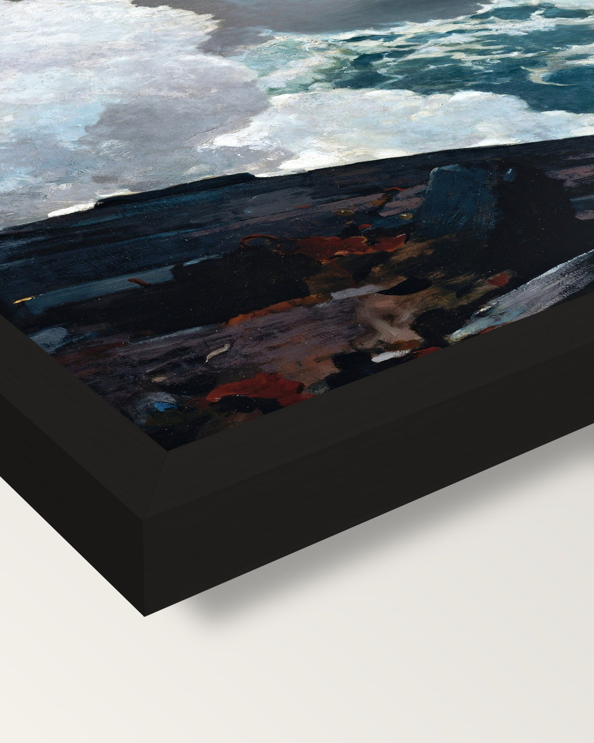 Northeaster by Winslow Homer framed print, corner close-up: black moulding, mitred, the print set just below its edge