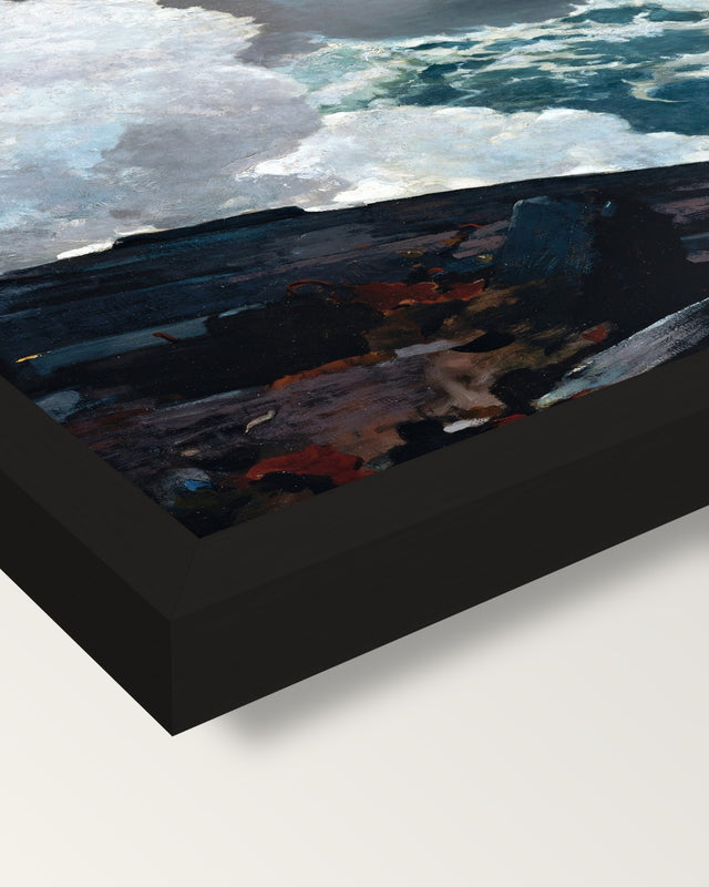 Northeaster by Winslow Homer framed print, corner close-up: black moulding, mitred, the print set just below its edge