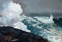 Northeaster by Winslow Homer: a huge white wave bursting against dark rocks under a stormy grey sky, green sea behind