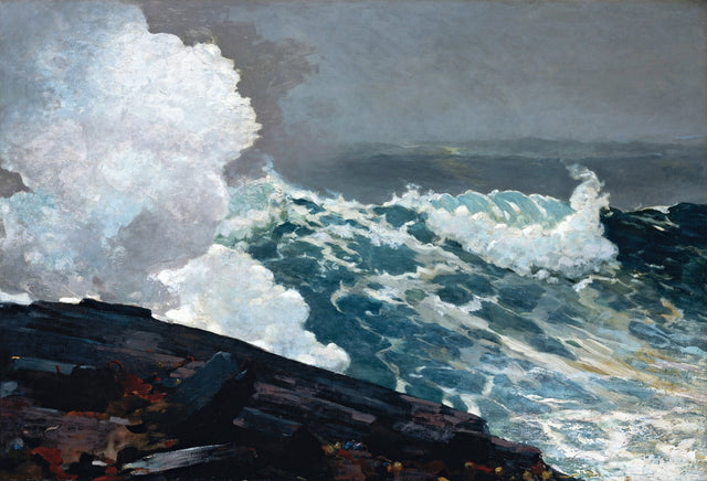 Northeaster by Winslow Homer: a huge white wave bursting against dark rocks under a stormy grey sky, green sea behind