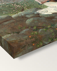 Peach Blossoms by Winslow Homer on stretched canvas, corner close-up: the painting mirror-wrapped round the sides