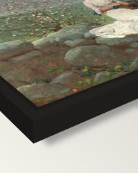Peach Blossoms by Winslow Homer framed canvas, corner close-up: a black floating frame with a shadow gap round the canvas