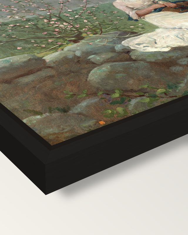 Peach Blossoms by Winslow Homer framed canvas, corner close-up: a black floating frame with a shadow gap round the canvas