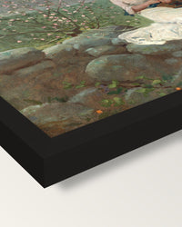Peach Blossoms by Winslow Homer framed print, corner close-up: black moulding, mitred, the print set just below its edge