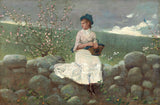 Peach Blossoms by Winslow Homer: a young woman stands by a slender peach tree in pink bloom on a green country hillside