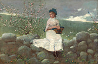 Peach Blossoms by Winslow Homer: a young woman stands by a slender peach tree in pink bloom on a green country hillside