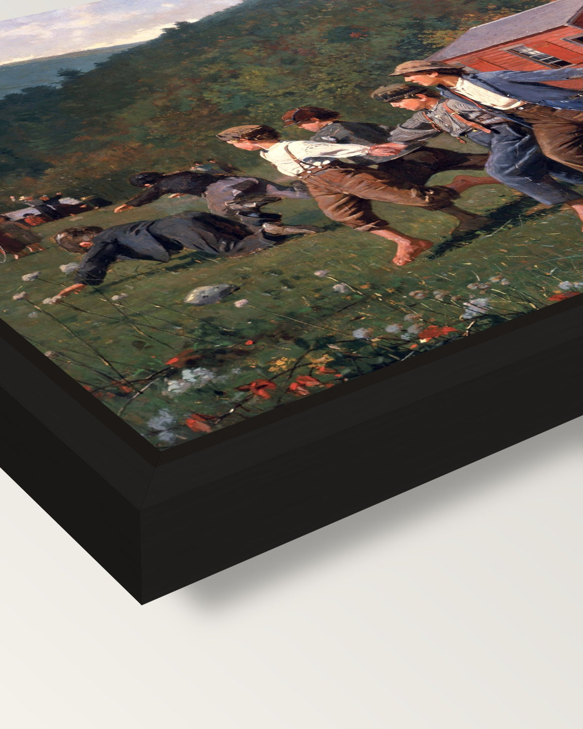 Snap the Whip by Winslow Homer framed canvas, corner close-up: a black floating frame with a shadow gap round the canvas