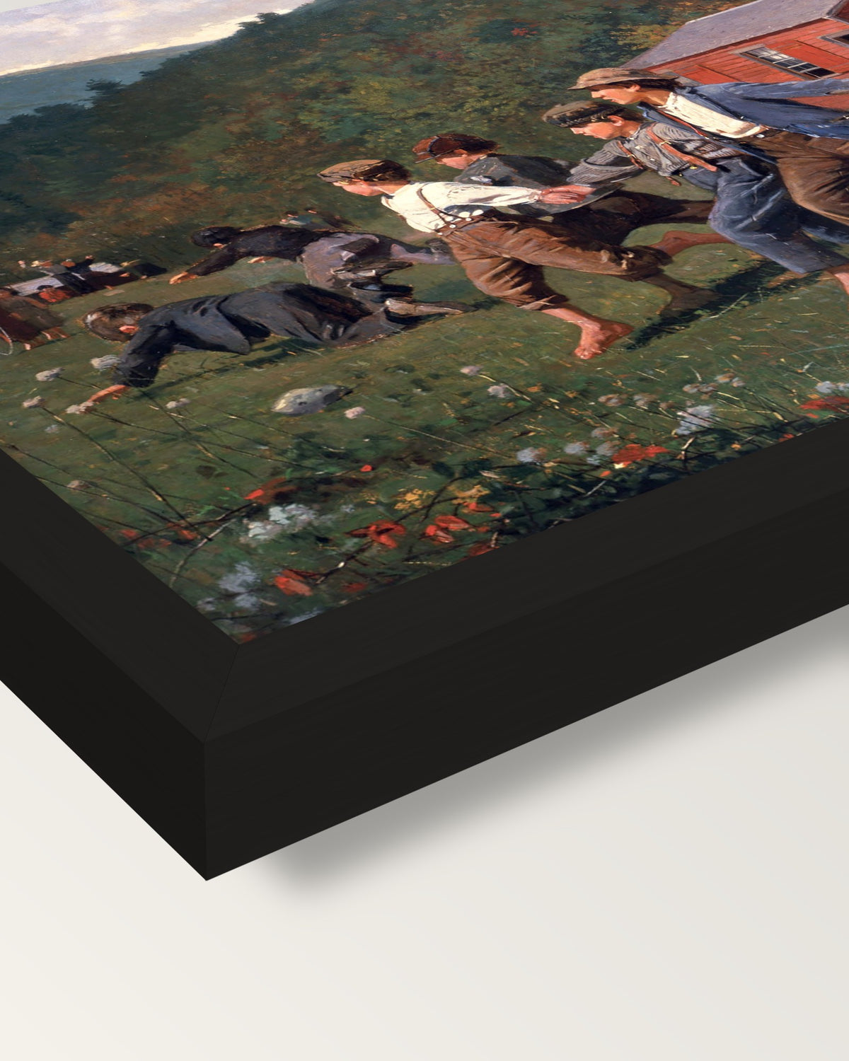 Snap the Whip by Winslow Homer framed print, corner close-up: black moulding, mitred, the print set just below its edge