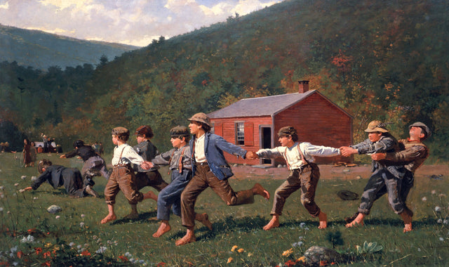 Snap the Whip by Winslow Homer: a line of barefoot boys holding hands and swinging across a field, a red schoolhouse behind