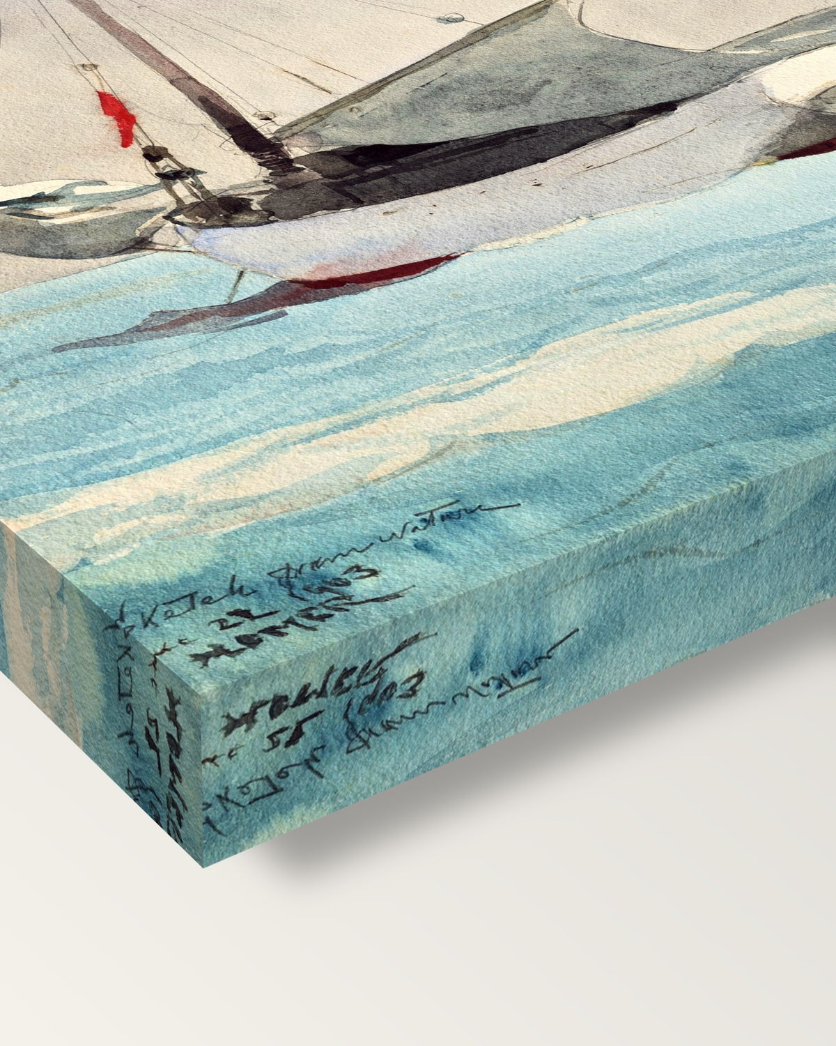 Stowing Sail by Winslow Homer on stretched canvas, corner close-up: the painting mirror-wrapped round the sides