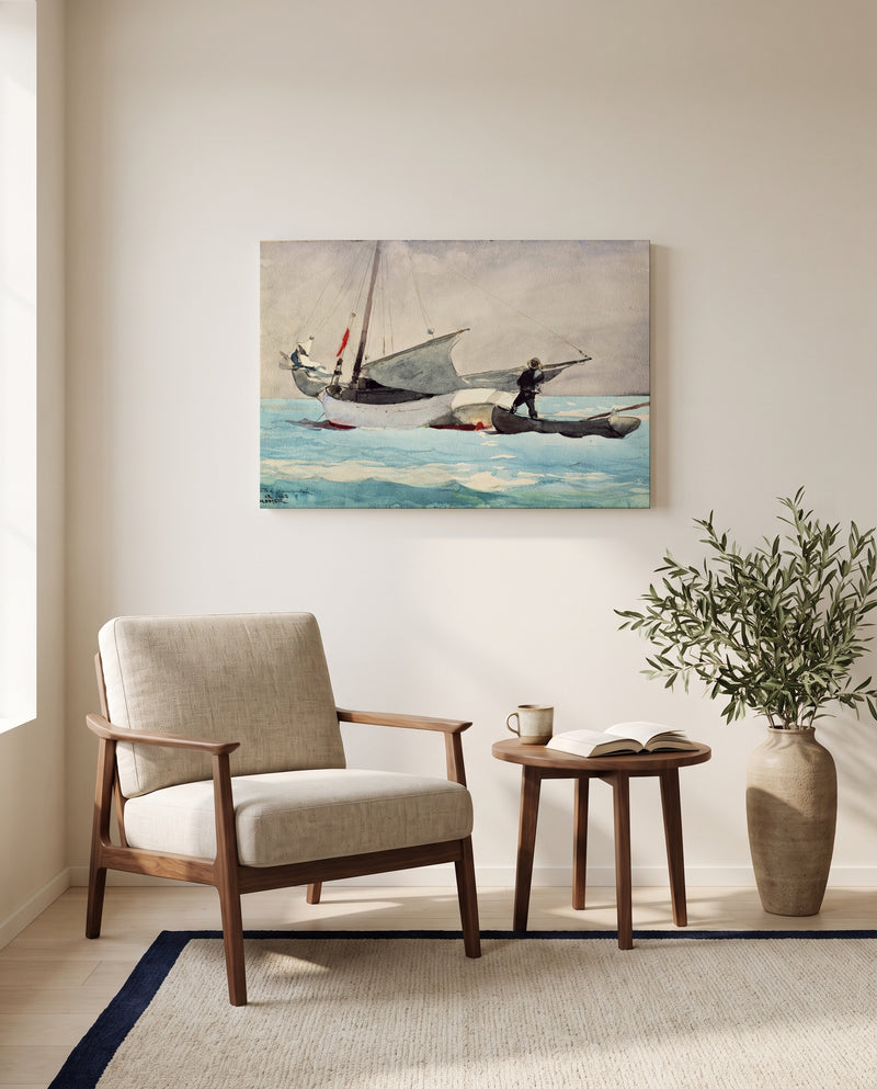 Stowing Sail by Winslow Homer as a stretched canvas above a linen lounge chair in a reading corner