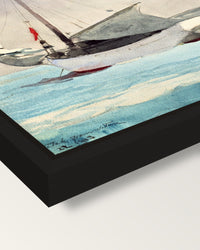 Stowing Sail by Winslow Homer framed canvas, corner close-up: a black floating frame with a shadow gap round the canvas
