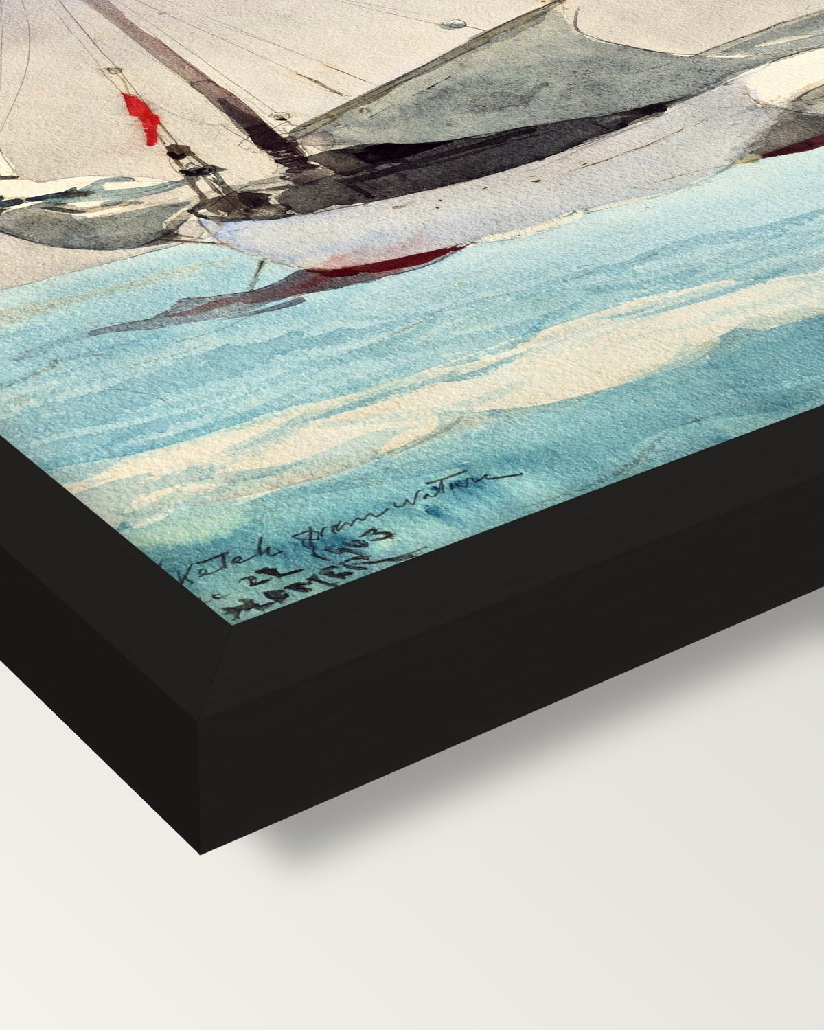 Stowing Sail by Winslow Homer framed print, corner close-up: black moulding, mitred, the print set just below its edge