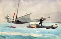 Stowing Sail by Winslow Homer: a sailor standing on a small boat gathering a white sail over bright turquoise water