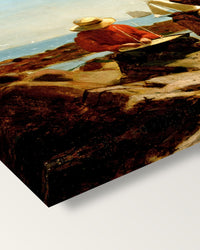 The Boat Builders by Winslow Homer on stretched canvas, corner close-up: the painting mirror-wrapped round the sides