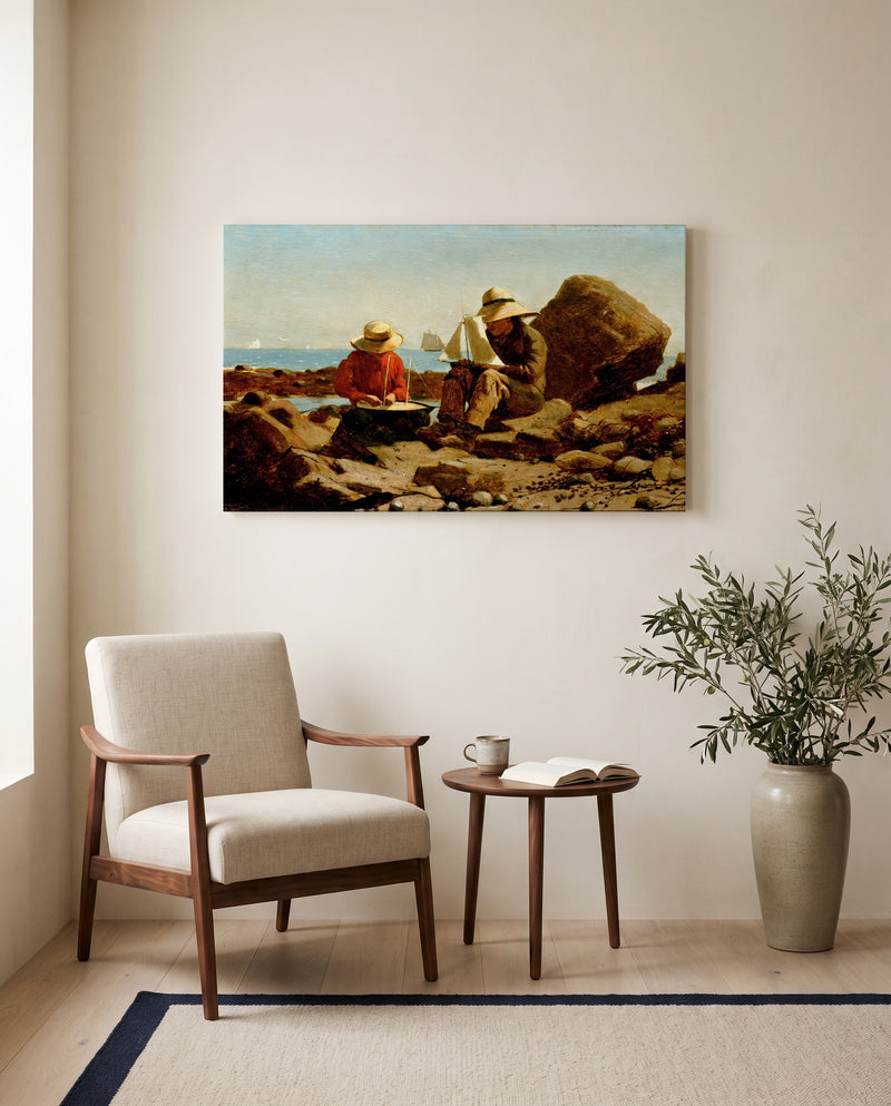 The Boat Builders by Winslow Homer as a stretched canvas above a linen lounge chair in a reading corner