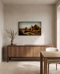The Boat Builders by Winslow Homer in a black frame above a walnut sideboard in a dining room