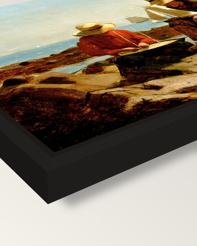 The Boat Builders by Winslow Homer framed canvas, corner close-up: a black floating frame with a shadow gap round the canvas