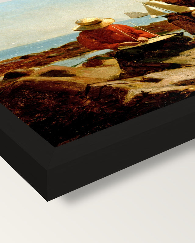 The Boat Builders by Winslow Homer framed print, corner close-up: black moulding, mitred, the print set just below its edge