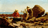 The Boat Builders by Winslow Homer: two boys in straw hats sit on rocks making toy sailboats, real ships on a blue sea